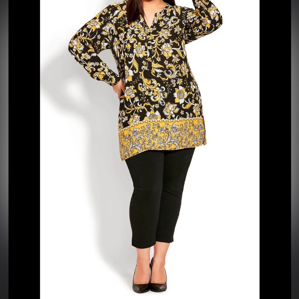 AVENUE Treasure IT Black gold yellow Baroque Border 1/4 button blouse Sz 26 / 28